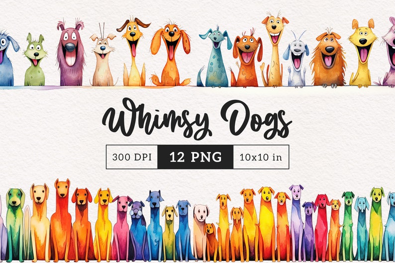 Whimsical Dogs Clipart PNG Bundle Watercolor Quirky Puppies Whimsy ...