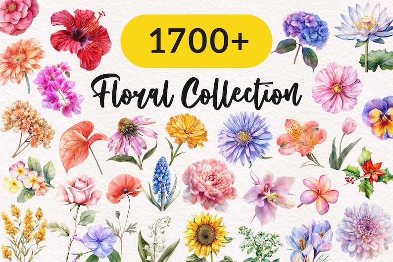May include: A collection of over 1700 watercolor illustrations of various flowers, including a red hibiscus, a purple hydrangea, a yellow sunflower, a pink rose, and a blue forget-me-not.