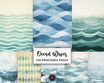 Ocean Waves Digital Pages - Shabby Chic Nautical Printable - Sea Scrapbook Ephemera Ocean Junk Journal Pattern Backgrounds JPG