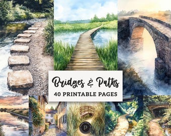 Bridges and Paths Junk Journal Papers - Rustic Country Scenes Printable - Scrapbook Ephemera Digital Backgrounds JPG