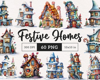 Quirky Christmas Homes Clipart Xmas PNG Whimsical Winter Houses Elongated Sublimation Wobbly houses graphic DTF Funny Silly illustrations