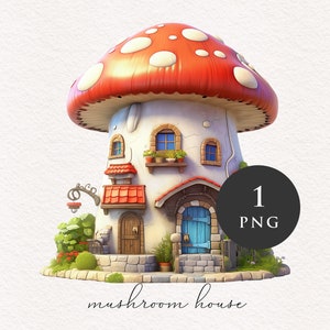 Maison champignon champignon aquarelle PNG clipart Illustration graphique fantaisie rouge Journal de transfert par sublimation PNGs imprimable conte de fées