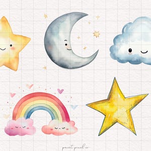 Rainbow Clipart Sun Stars Clouds PNG Moon Sky Elements Watercolor Cute ...