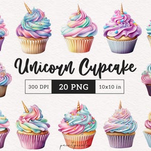 Pastel Unicorn Cupcake Clipart Little girl party Sweet treat PNG Dessert Food Sublimation Baked goods Crafting Card making Commercial use