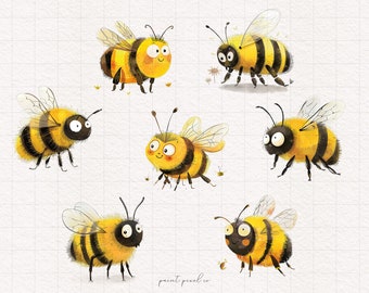 7 lindas abejas PNG, imágenes prediseñadas de abejas, insectos caprichosos, abejas de acuarela, sublimación de abejas, divertidas abejas amarillas, ilustraciones de gráficos de abejas caprichosas