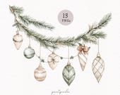13 Watercolor Christmas Garlands clipart Minimalist Holiday Baubles Decor PNG Neutral Christmas Decoration graphics Xmas Commercial Use