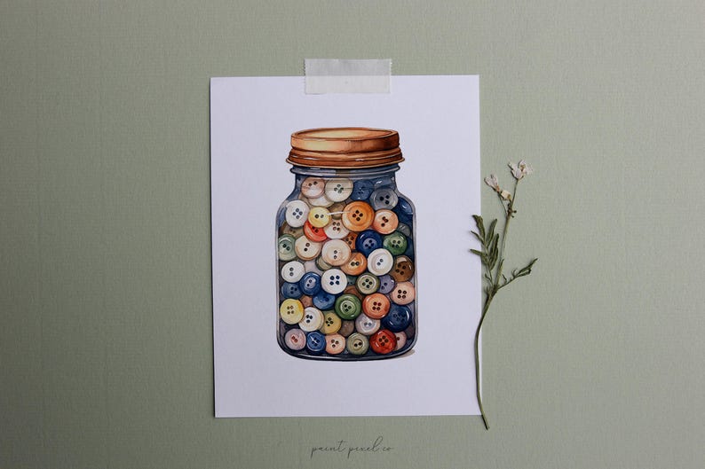 May include: A watercolor painting of a glass jar filled with colorful buttons. The jar has a brown lid and the buttons are various shades of blue, green, yellow, orange, and white.