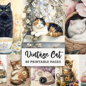 May include: A collection of watercolor illustrations featuring cats in various settings. The images include a black cat, a calico cat, and a white cat sleeping in a basket. The text "Vintage Cat" and "80 Printable Pages" are displayed.