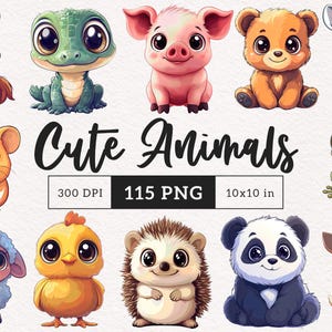 115 graziosi cuccioli di animali Clipart coccolosi animali ad acquerello chibi PNG Decorazioni per la cameretta dei bambini Carta per sublimazione Artigianato Giornale di scarto stampabile Album di ritagli
