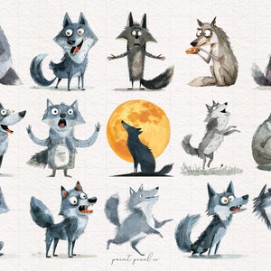 Puede incluir: Una colecci&oacute;n de 14 ilustraciones de acuarela de lobos grises en varias poses y expresiones. Los lobos est&aacute;n representados con rasgos de dibujos animados y se colocan sobre un fondo blanco.