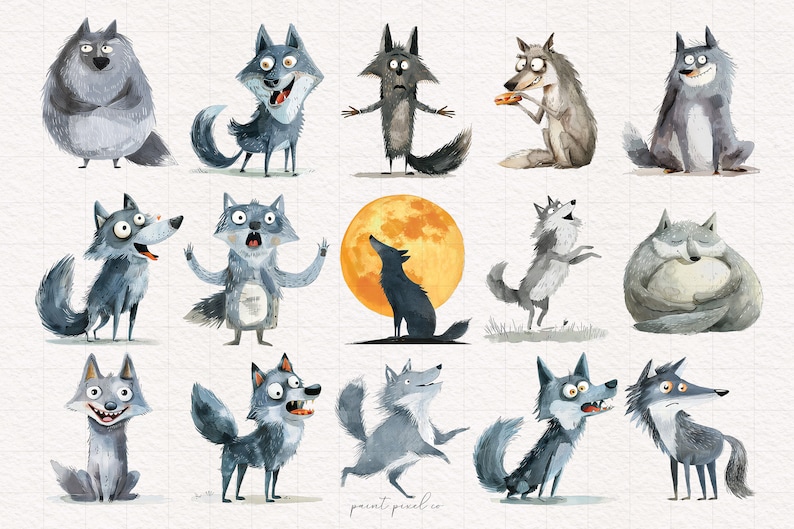 Puede incluir: Una colecci&oacute;n de 14 ilustraciones de acuarela de lobos grises en varias poses y expresiones. Los lobos est&aacute;n representados con rasgos de dibujos animados y se colocan sobre un fondo blanco.