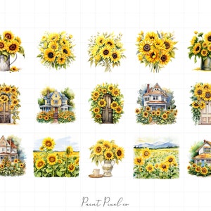 K&ouml;nnte beinhalten: Eine digitale Collage aus Aquarell-Illustrationen mit Sonnenblumen, H&auml;usern und G&auml;rten. Die Bilder sind in einem Raster angeordnet und zeigen eine Vielzahl von Farben, darunter Gelb, Gr&uuml;n, Blau und Braun.