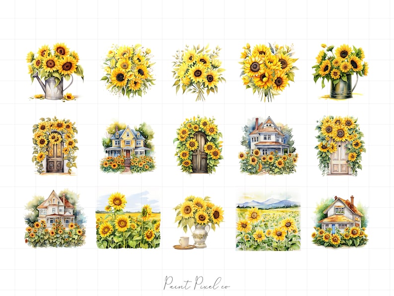 K&ouml;nnte beinhalten: Eine digitale Collage aus Aquarell-Illustrationen mit Sonnenblumen, H&auml;usern und G&auml;rten. Die Bilder sind in einem Raster angeordnet und zeigen eine Vielzahl von Farben, darunter Gelb, Gr&uuml;n, Blau und Braun.