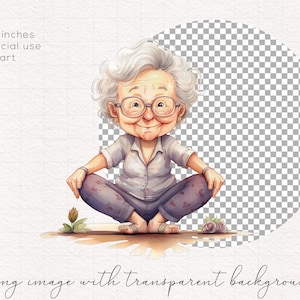 Peut inclure: Une illustration aquarelle d'une femme &acirc;g&eacute;e souriante aux cheveux gris, portant des lunettes et une chemise blanche, assise en tailleur sur le sol. Elle est entour&eacute;e de petites plantes vertes et de fleurs.