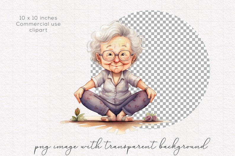 Peut inclure: Une illustration aquarelle d'une femme &acirc;g&eacute;e souriante aux cheveux gris, portant des lunettes et une chemise blanche, assise en tailleur sur le sol. Elle est entour&eacute;e de petites plantes vertes et de fleurs.