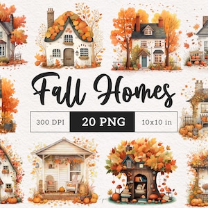 Autumn Home Clipart Boho Fall House PNG Watercolor cozy Hearth scenes Aesthetic Rustic Fall cottage Journal Scrapbook Sublimation clip art