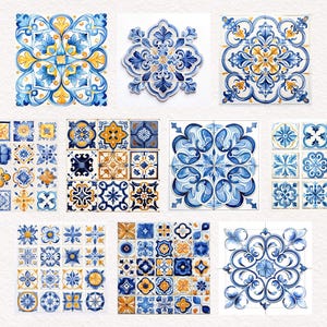 May include: Collection of blue and yellow decorative tiles with floral and geometric patterns. The tiles vary in size and design, showcasing intricate details and a watercolor effect. Ideal for home decor.