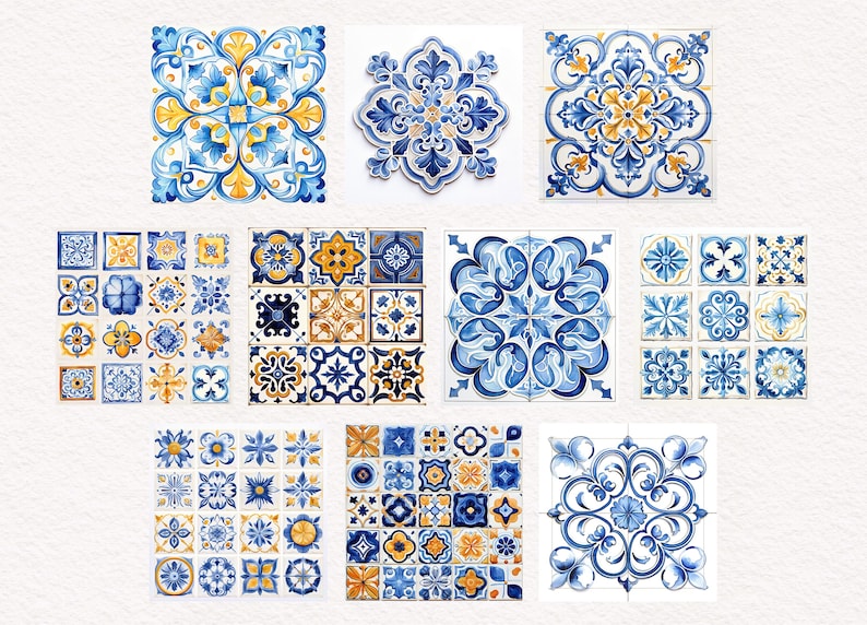 May include: Collection of blue and yellow decorative tiles with floral and geometric patterns. The tiles vary in size and design, showcasing intricate details and a watercolor effect. Ideal for home decor.
