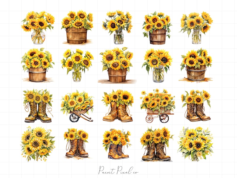 K&ouml;nnte beinhalten: Eine digitale Collage aus 18 Aquarell-Illustrationen von Sonnenblumen in verschiedenen Arrangements. Einige Sonnenblumen befinden sich in Holzeimern, andere in Glasbeh&auml;ltern, wieder andere in einer Schubkarre und einige in Stiefeln. Die Sonnenblumen sind alle gelb mit gr&uuml;nen Bl&auml;ttern.