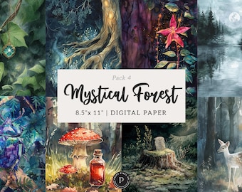 Mystical Forest Junk Journal Papers - Enchanted Woodland Magic - Scrapbook Printable Ephemera Digital Backgrounds Instant Download - Pack 4