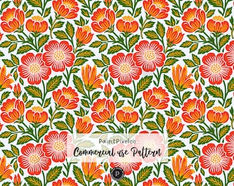 Poppy Flower Seamless Pattern Mid Century Folk Botanical Vibrant Floral Digital Paper Background (Commercial Use) (Digital Download)