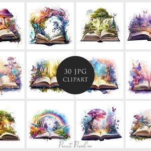 30 Fantasy boek Clipart Hoge kwaliteit JPGs Magische open boek clipart Sublimatie Junk Journal Digitale papier crafting Commerciële licentie