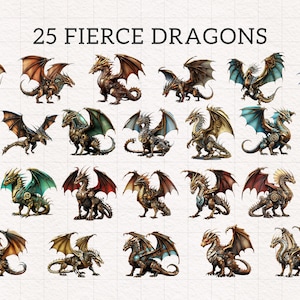May include: 25 Fierce Dragons illustration featuring a collection of steampunk-style dragons with intricate details and metallic accents. The dragons are depicted in various poses with their wings spread wide.