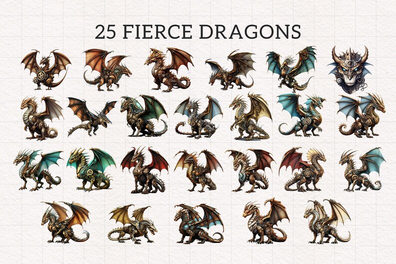 May include: 25 Fierce Dragons illustration featuring a collection of steampunk-style dragons with intricate details and metallic accents. The dragons are depicted in various poses with their wings spread wide.