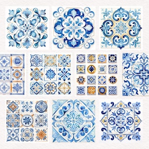 May include: A collection of watercolor tiles in shades of blue and gold. The tiles feature intricate floral and geometric patterns, showcasing a classic, decorative style. Ideal for home decor or craft projects.