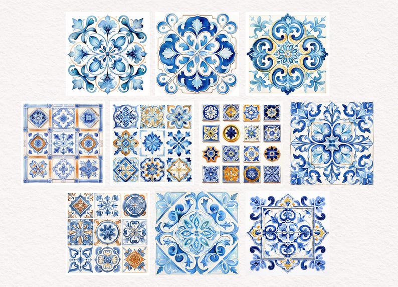 May include: A collection of watercolor tiles in shades of blue and gold. The tiles feature intricate floral and geometric patterns, showcasing a classic, decorative style. Ideal for home decor or craft projects.