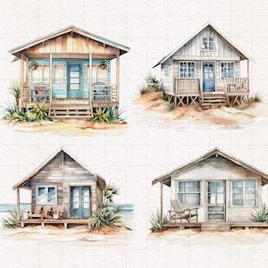 May include: Four watercolor illustrations of beach houses. Each house is a different style and color, with a porch and a view of the ocean. The houses are painted in shades of blue, green, brown, and white.