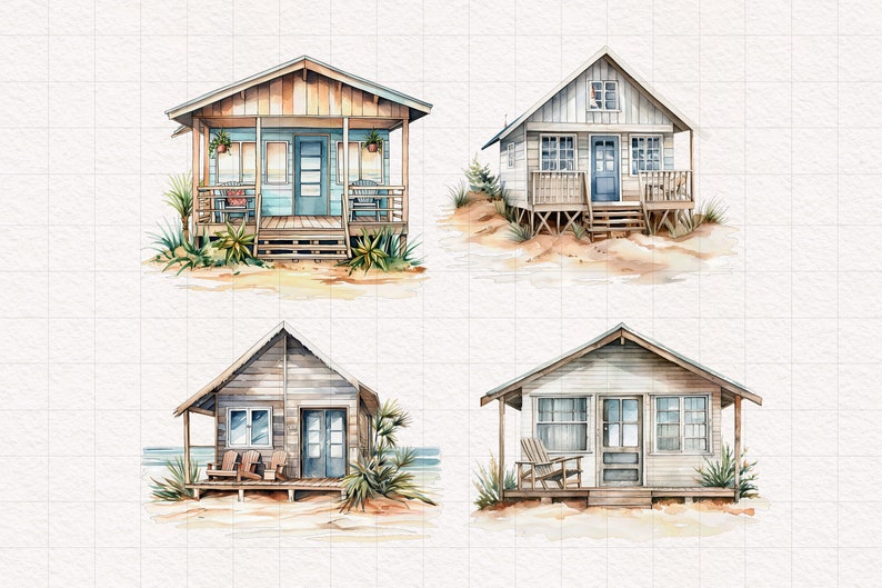 May include: Four watercolor illustrations of beach houses. Each house is a different style and color, with a porch and a view of the ocean. The houses are painted in shades of blue, green, brown, and white.