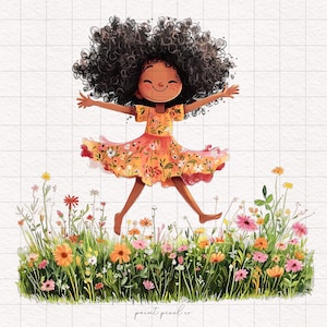 8 Schnörkelige tanzende Mädchen Clipart Wunderliche Afro wilde PNG Fräulein Blumenmädchen Sublimation African American DTF Scrapbooking Niedliche Grafiken