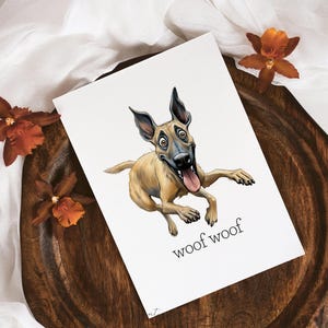 May include: A cartoon illustration of a brown and black dog with a big smile and tongue sticking out. The dog is lying on its belly with its legs stretched out. The text "woof woof" is written below the dog.