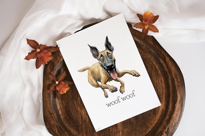 May include: A cartoon illustration of a brown and black dog with a big smile and tongue sticking out. The dog is lying on its belly with its legs stretched out. The text "woof woof" is written below the dog.