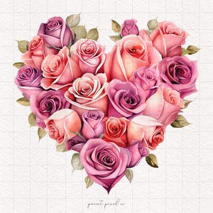 Puede incluir: Ilustraci&oacute;n en acuarela de un arreglo en forma de coraz&oacute;n de rosas en tonos rosa, melocot&oacute;n y morado. Las rosas est&aacute;n rodeadas de hojas verdes, sobre un fondo blanco con azulejos. Impresi&oacute;n de arte digital.