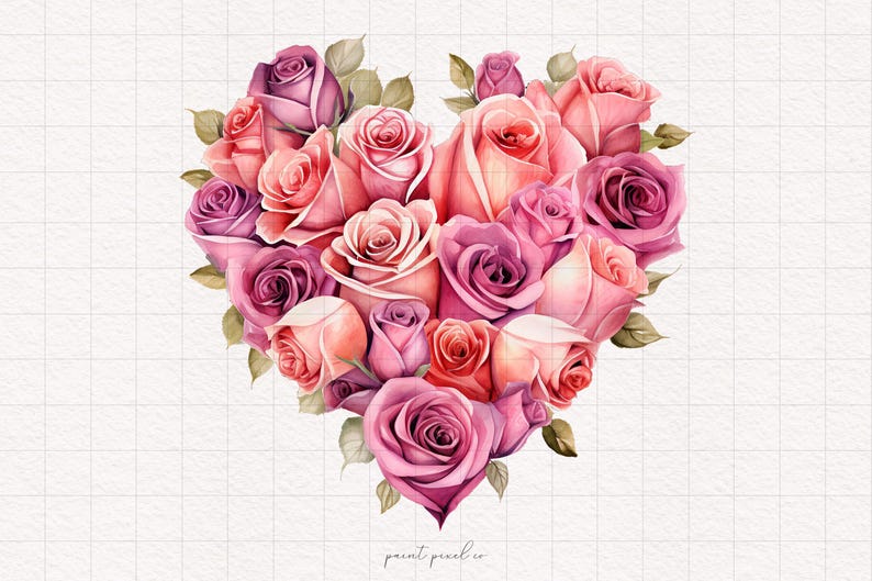 Puede incluir: Ilustraci&oacute;n en acuarela de un arreglo en forma de coraz&oacute;n de rosas en tonos rosa, melocot&oacute;n y morado. Las rosas est&aacute;n rodeadas de hojas verdes, sobre un fondo blanco con azulejos. Impresi&oacute;n de arte digital.