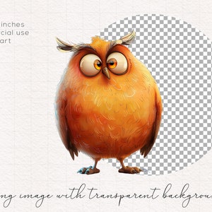 May include: A cartoon orange owl with large, round eyes and a surprised expression. The owl is standing on a white background.