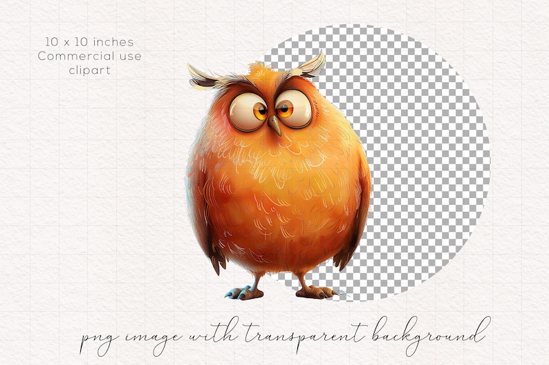 May include: A cartoon orange owl with large, round eyes and a surprised expression. The owl is standing on a white background.