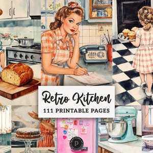 Digitala papper för retrokök - Rustik skräpjournal från 1950-talet, utskrivbar - Scrapbooking-kit för matlagning, recept, ephemera, JPG-bakgrunder