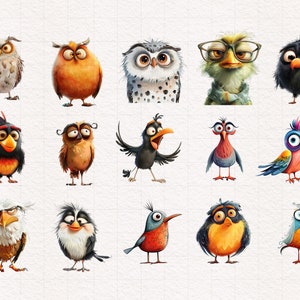 May include: A collection of 15 cartoon birds with various expressions and colors. The birds are drawn in a whimsical style with exaggerated features.