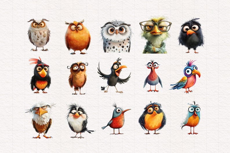 May include: A collection of 15 cartoon birds with various expressions and colors. The birds are drawn in a whimsical style with exaggerated features.