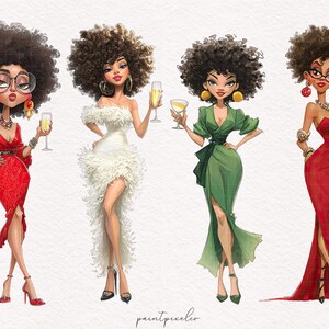 May include: Illustration of four stylish women in elegant dresses, each holding a champagne glass. The women have dark curly hair and are wearing red, white, and green gowns. The artwork has a watercolor style with the text "paintpixelco" at the bottom.