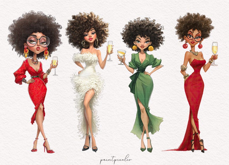 May include: Illustration of four stylish women in elegant dresses, each holding a champagne glass. The women have dark curly hair and are wearing red, white, and green gowns. The artwork has a watercolor style with the text "paintpixelco" at the bottom.