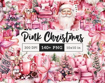 Pink Christmas clipart PNG Cottagecore Holiday Clip art cute pastel xmas Sublimation Junk Journal Digital paper crafting Commercial License