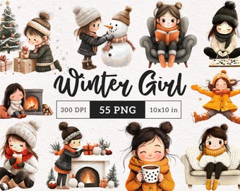 Winter Girl clipart PNG cozy hot cocoa girl snow day Fireplace Stylish Winter Fashion Sublimation Paper Crafting Printable Commercial use