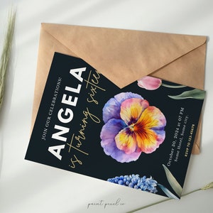 May include: A black invitation card with gold lettering announcing Angela's sixteenth birthday party. The card features a watercolor illustration of purple, yellow, and pink pansies on a dark background. The text reads "Join our celebrations! Angela is turning sixteen. October 30, 2024 at 07 PM. Some Hotel, Some city. RSVP to 123-45678."