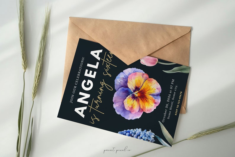 May include: A black invitation card with gold lettering announcing Angela's sixteenth birthday party. The card features a watercolor illustration of purple, yellow, and pink pansies on a dark background. The text reads "Join our celebrations! Angela is turning sixteen. October 30, 2024 at 07 PM. Some Hotel, Some city. RSVP to 123-45678."