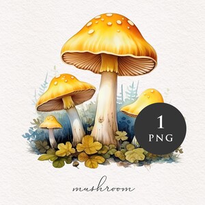 Champignon clipart PNG Aquarelle Champignons jaunes Forêt magique Fantasy Toadstool illustration graphiques Sublimation Transfert PNGs Conte de fées