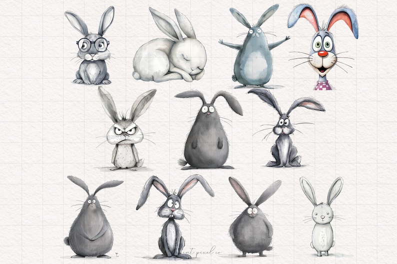 May include: A collection of 11 hand-drawn illustrations of rabbits in various poses and expressions. The rabbits are drawn in black and white with some colored accents. The illustrations are on a white background with a grid pattern.